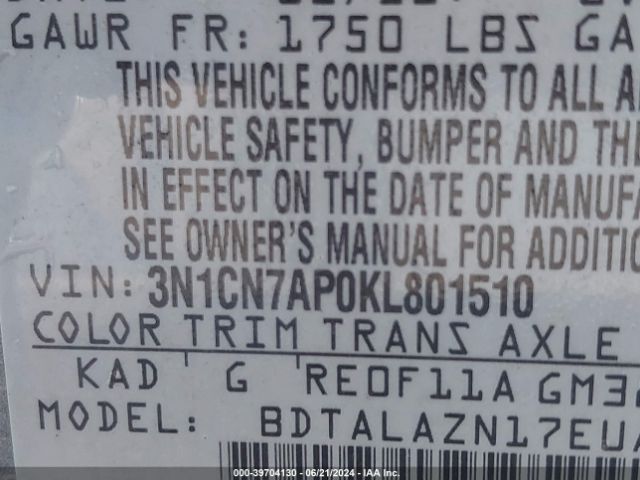 3N1CN7AP0KL801510 Nissan Versa 1.6 S+