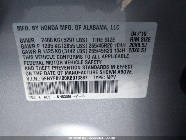 Honda Passport Elite 2019 5FNYF8H00KB013887 Image 9