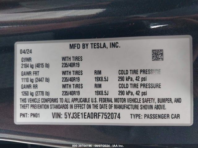 2024 TESLA MODEL 3 5YJ3E1EA0RF752074 Photo 8