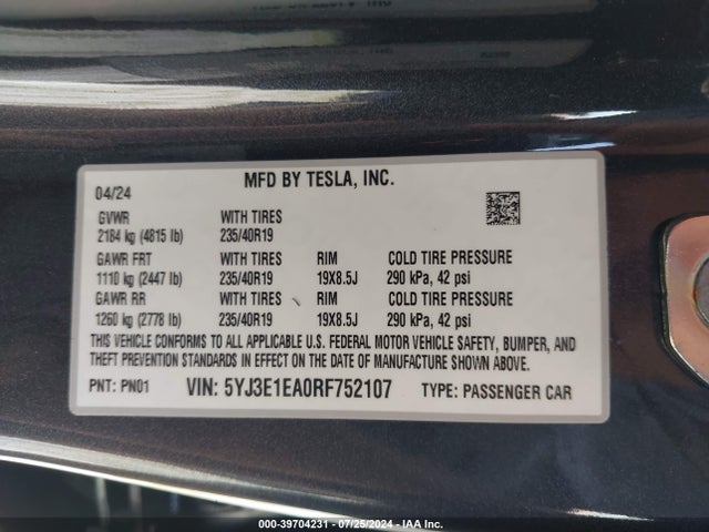 2024 TESLA MODEL 3 5YJ3E1EA0RF752107 Photo 8
