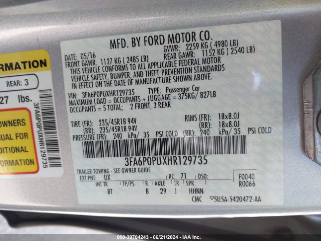 3FA6P0PUXHR129735 Ford Fusion Energi Se Luxury