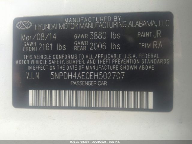 5NPDH4AE0EH502707 Hyundai ELANTRA SE
