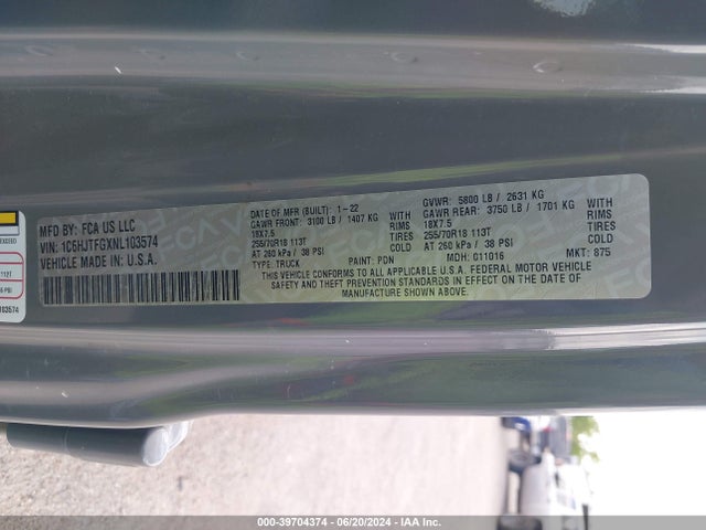 1C6HJTFGXNL103574 Jeep Gladiator Overland 4x4