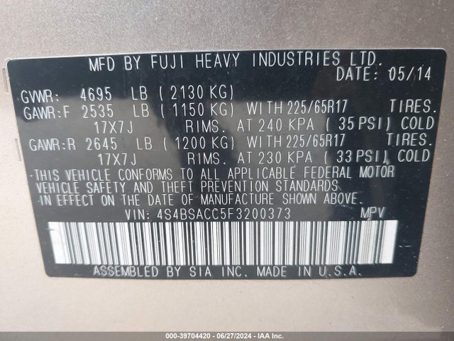 Subaru Outback 2.5i Premium 2015 4S4BSACC5F3200373 Image 9