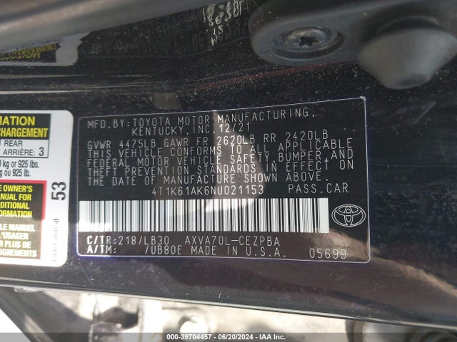 Toyota CAMRY XSE 2022 4T1K61AK6NU021153 Image 9