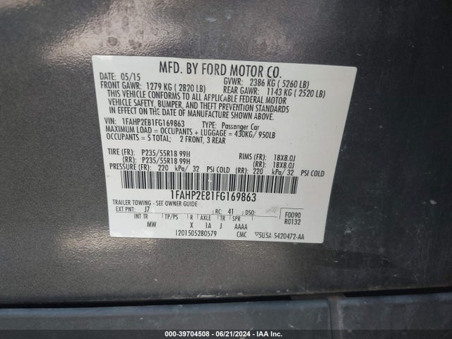 Ford TAURUS SEL 2015 1FAHP2E81FG169863 Image 9