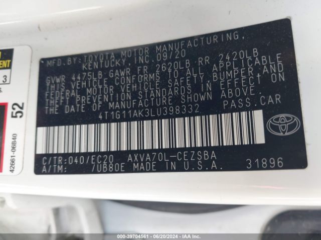 4T1G11AK3LU398332 Toyota Camry Se Nightshade Edition