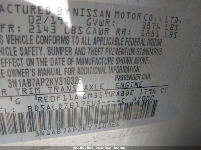Nissan SENTRA SV 2019 3N1AB7AP2KY310326 Image 9