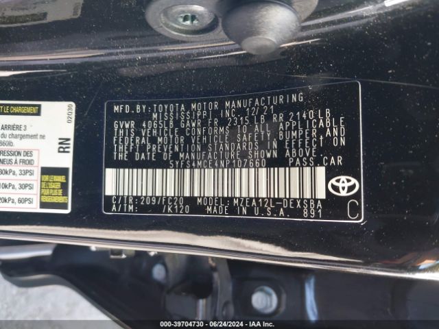 5YFS4MCE4NP107660 Toyota COROLLA SE