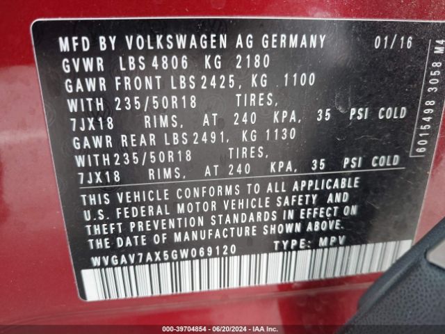 WVGAV7AX5GW069120 Volkswagen TIGUAN SE