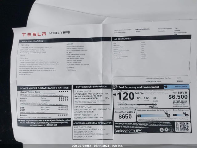 Tesla Model Y Long Range/rwd 2024 7SAYGDED8RF092915 Image 13