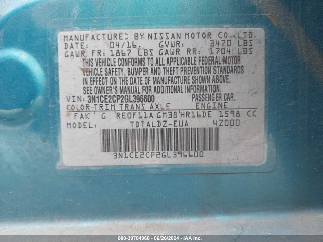 Nissan Versa Note S (sr)/s Plus/sl/sr/sv 2016 3N1CE2CP2GL396600 Image 9