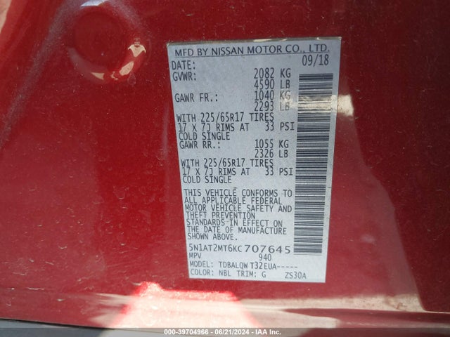 Nissan ROGUE SV 2019 5N1AT2MT6KC707645 Image 9
