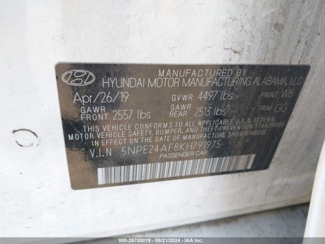 2019 HYUNDAI SONATA 5NPE24AF8KH791975 Photo 8