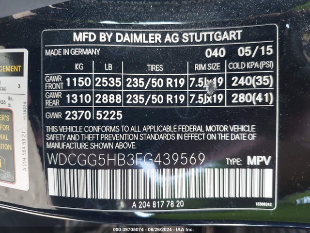 WDCGG5HB3FG439569 Mercedes-Benz GLK 350