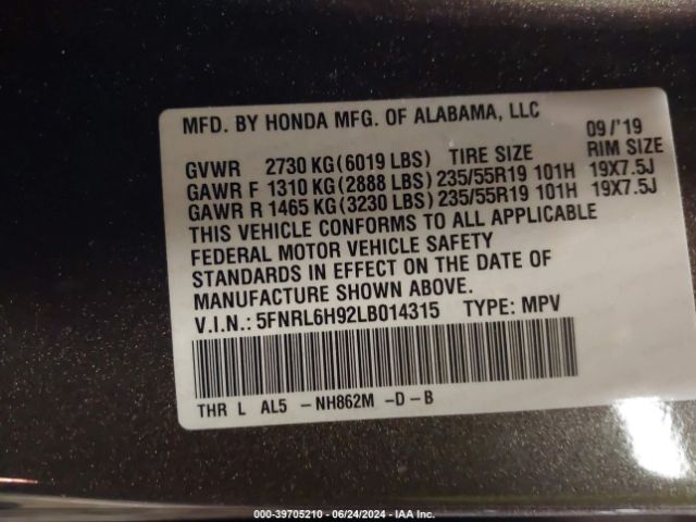 5FNRL6H92LB014315 Honda Odyssey Elite