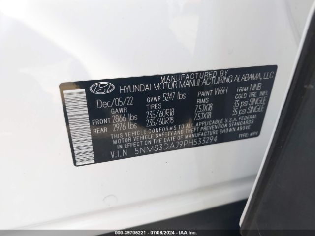 5NMS3DAJ9PH533294 Hyundai Santa Fe Sel