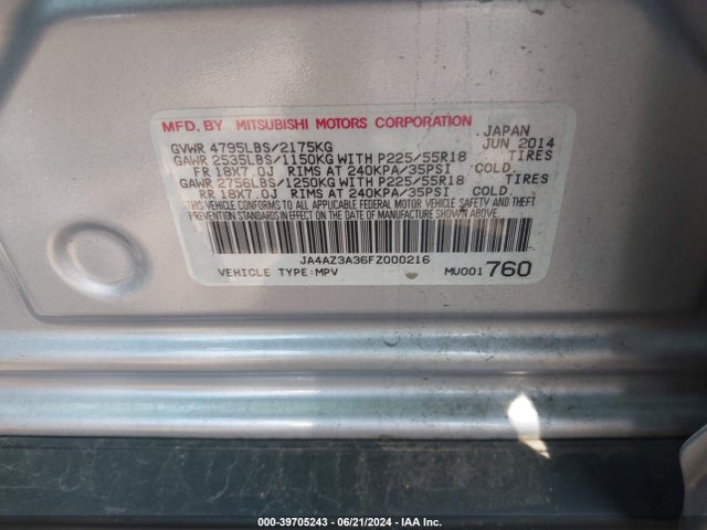 JA4AZ3A36FZ000216 Mitsubishi Outlander Se