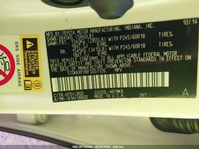 5TDKKRFH8FS051126 Toyota Highlander Xle V6