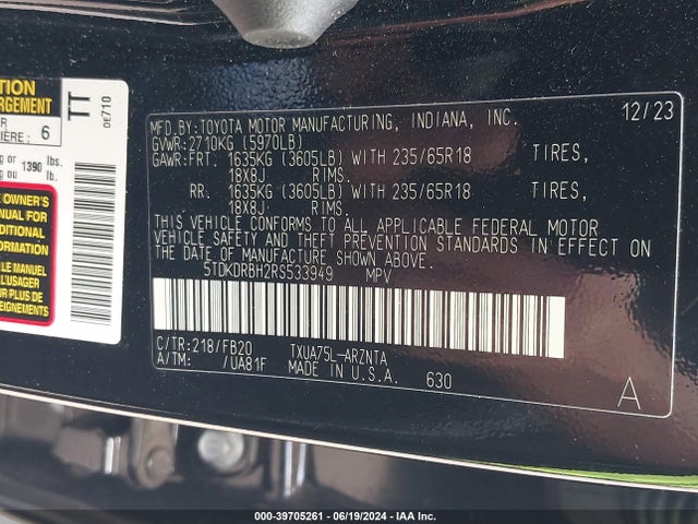 Toyota Highlander Le 2024 5TDKDRBH2RS533949 Image 9