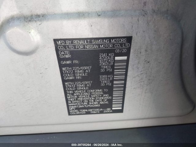 KNMAT2MV7LP542883 Nissan Rogue Sv Intelligent Awd