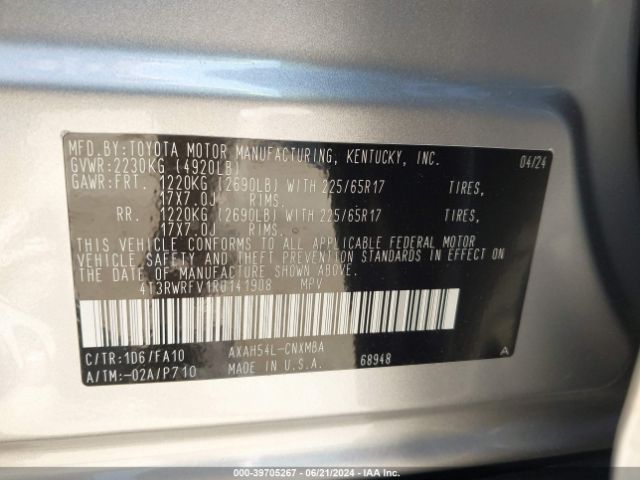4T3RWRFV1RU141908 Toyota Rav4 Hybrid Xle