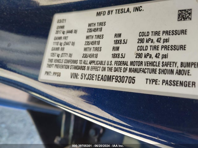 5YJ3E1EA0MF930705 Tesla Model 3 Standard Range Plus Rear-wheel Drive