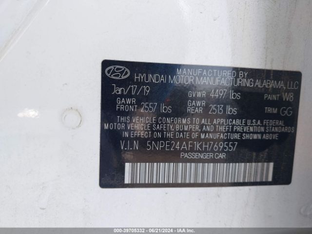 5NPE24AF1KH769557 Hyundai SONATA SE