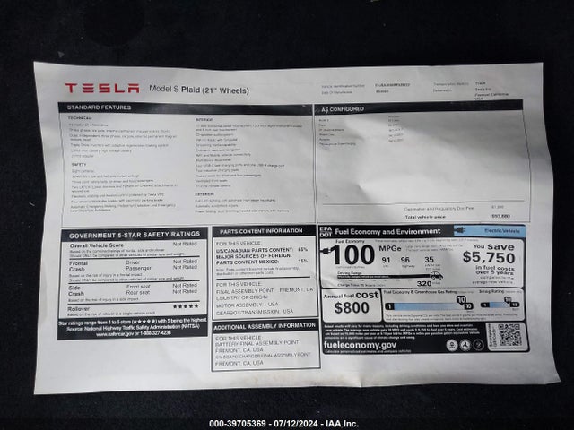 5YJSA1E65RF539222 Tesla Model S Plaid Tri Motor All-wheel Drive