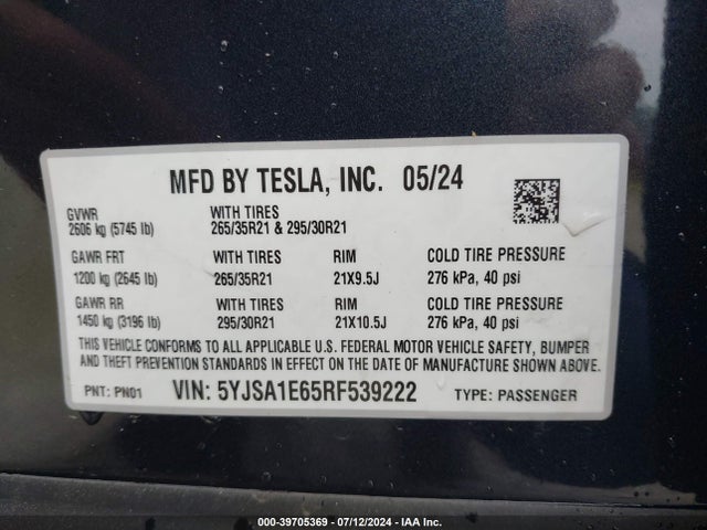 2024 TESLA MODEL S 5YJSA1E65RF539222 Photo 8