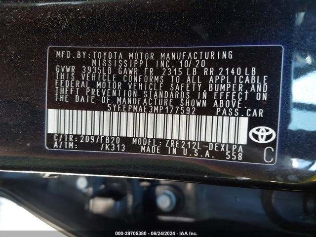 Toyota COROLLA LE 2021 5YFEPMAE3MP177592 Image 9