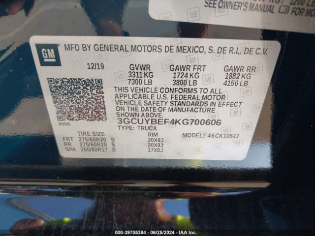 3GCUYBEF4KG700606 Chevrolet Silverado 1500 Custom