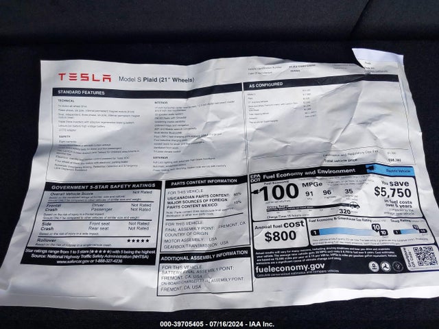 5YJSA1E64RF539292 Tesla Model S Plaid Tri Motor All-wheel Drive
