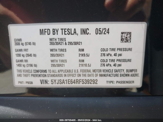 5YJSA1E64RF539292 Tesla Model S Plaid Tri Motor All-wheel Drive