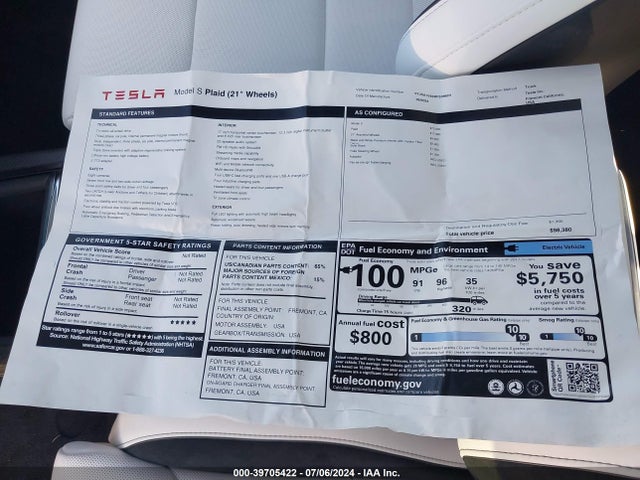 5YJSA1E63RF539624 Tesla Model S Plaid Tri Motor All-wheel Drive