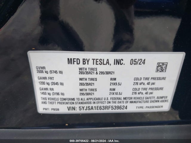 5YJSA1E63RF539624 Tesla Model S Plaid Tri Motor All-wheel Drive