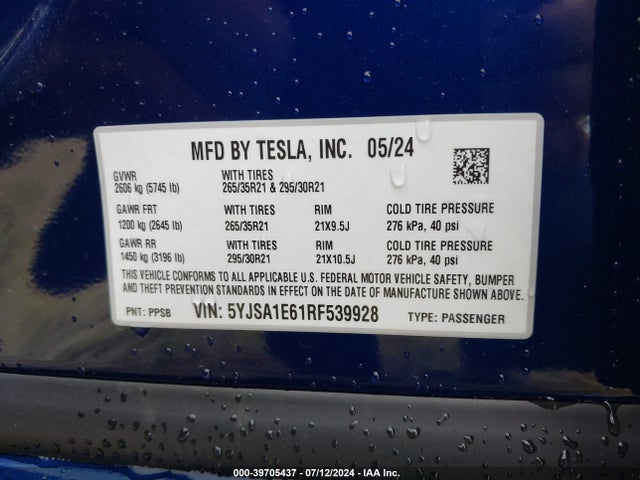 5YJSA1E61RF539928 Tesla Model S Plaid Tri Motor All-wheel Drive