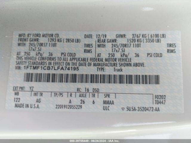 1FTMF1CB7LFA74195 Ford F-150 Xl