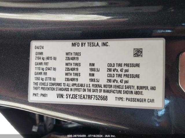 Tesla Model 3 Rear-wheel Drive 2024 5YJ3E1EA7RF752668 Image 9