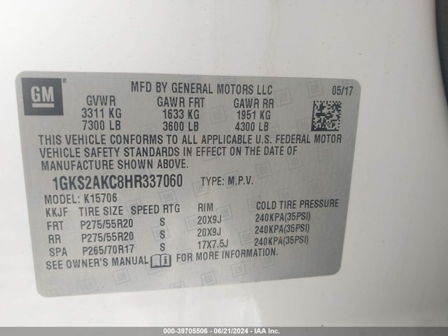 GMC YUKON SLE 2017 1GKS2AKC8HR337060 Image 9