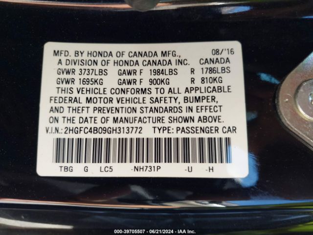 2HGFC4B09GH313772 Honda Civic Lx-p