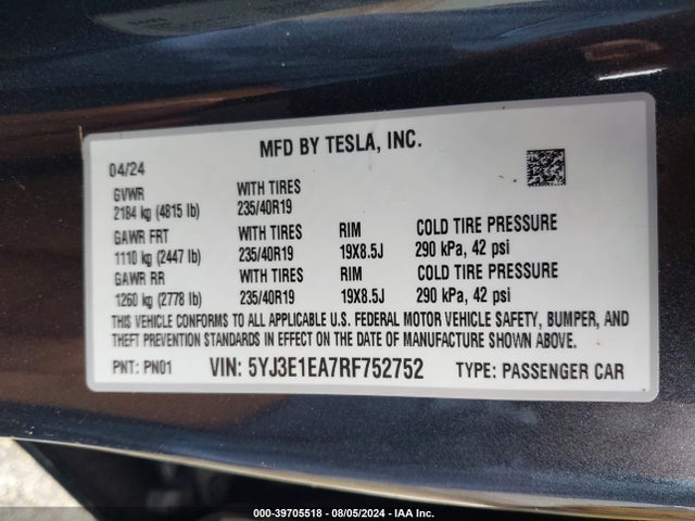 2024 TESLA MODEL 3 5YJ3E1EA7RF752752 Photo 8