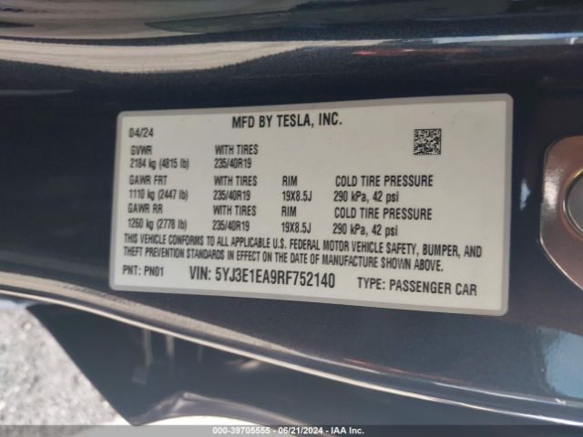 5YJ3E1EA9RF752140 Tesla Model 3 Rear-wheel Drive