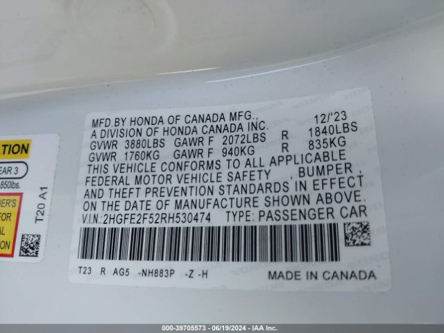 2HGFE2F52RH530474 Honda Civic Sport