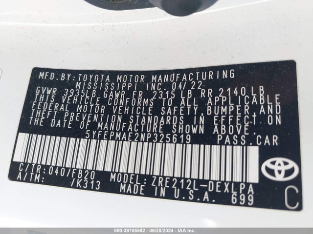 Toyota COROLLA LE 2022 5YFEPMAE2NP325619 Image 9