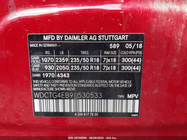 WDCTG4EB9JJ530533 Mercedes-Benz GLA 250