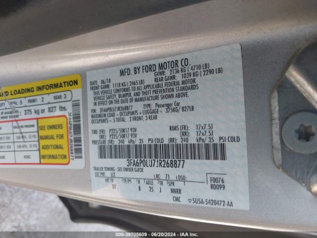 3FA6P0LU7JR268877 Ford Fusion Hybrid Se