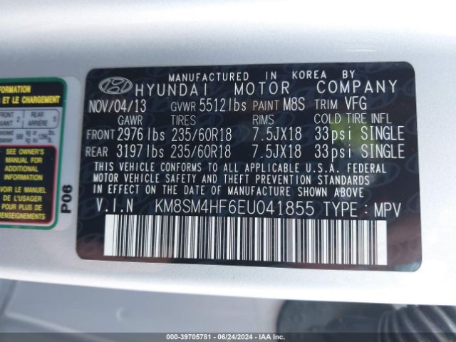 KM8SM4HF6EU041855 Hyundai Santa Fe Gls
