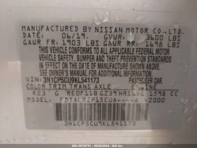 3N1CP5CU9KL541173 Nissan KICKS S