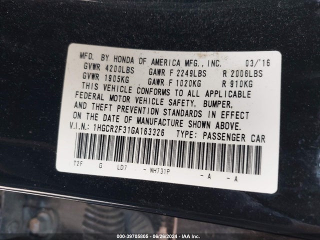 Honda ACCORD LX 2016 1HGCR2F31GA163326 Image 9